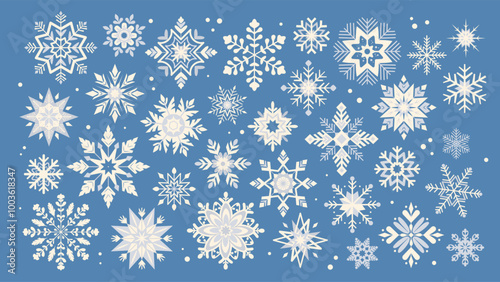 Set of snowflakes on blue background. Snowflakes with different ornaments, snow patterns. Vector elements