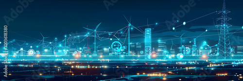 Futuristic Cityscape with Wind Turbines and Power Lines Illustration