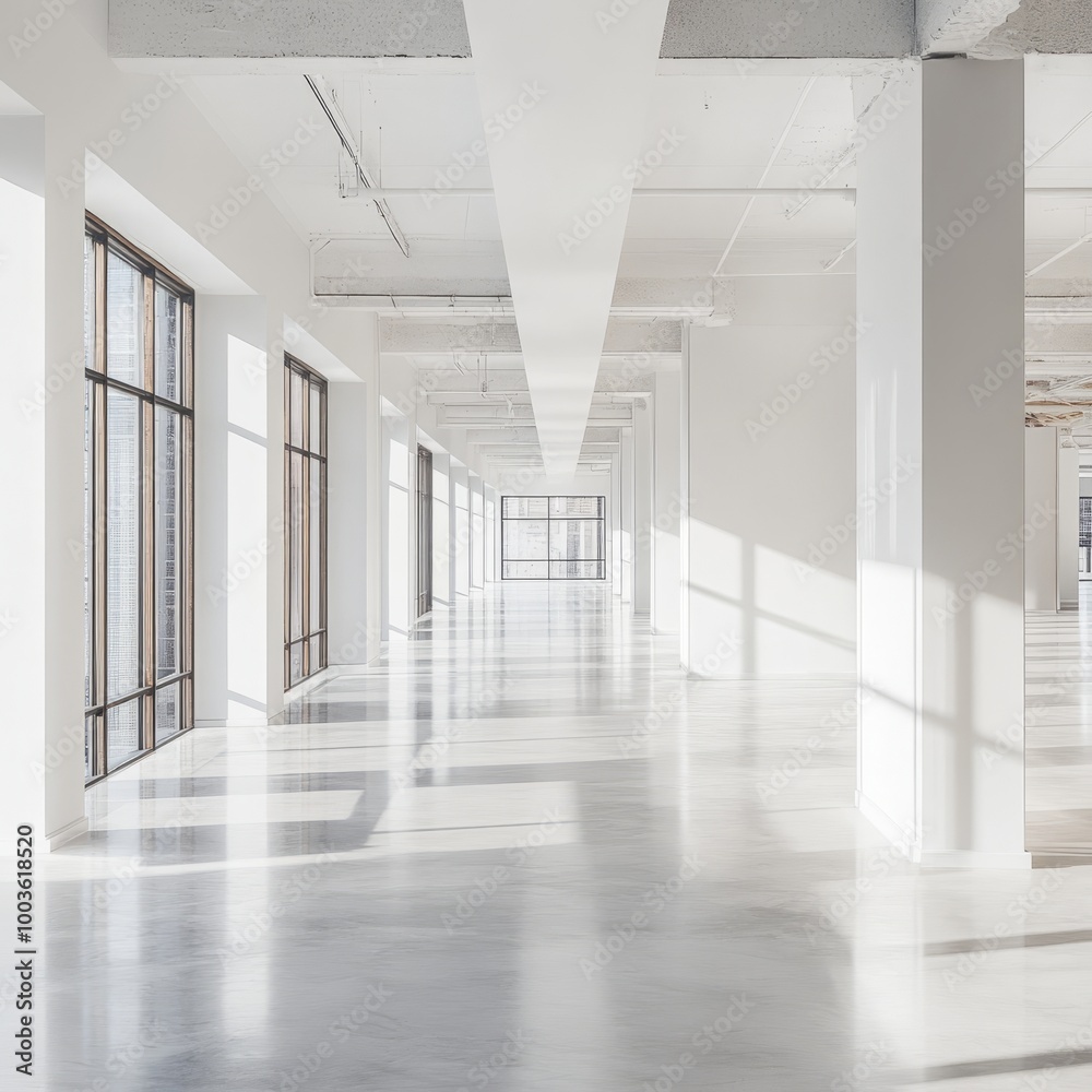 Long, empty corridor in a hospital building with white walls and light-colored tiles on the floor
