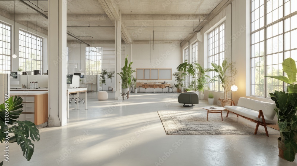 Modern, minimalist office interior with large windows, sleek furniture, and hardwood floors