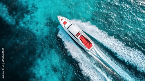 Wallpaper Mural An aerial view of a speedboat cutting through the turquoise ocean water, creating a white wake. The boat is white with a red interior, symbolizing speed, freedom, luxury, adventure, and escape  Torontodigital.ca