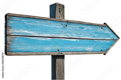 A  blue wooden signpost isolated on a transparent or white background. photo