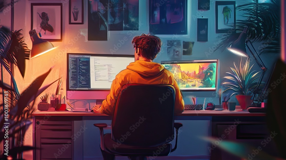 Fototapeta premium Person Working on Computer in a Neon-Lit Room