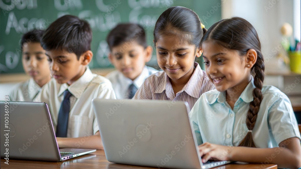 Indian School Kids Using Laptops in a Classroom Against a Green Chalkboard Background Filled with Doodles
Indian School Kids Using Laptops in a Classroom Against a Green Chalkboard Background Filled with Doodles