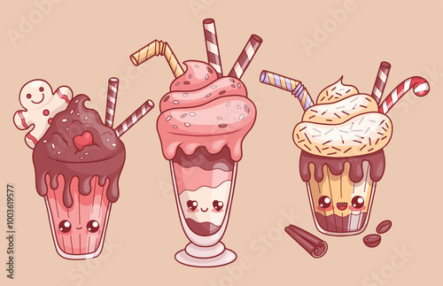 Cute glass Christmas milk shake with cream dessert, gingerbread man, striped candies with straw set. Isolated funny cartoon kawaii character drink. Vector illustration