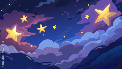 Cartoon night sky with large stars and colorful clouds