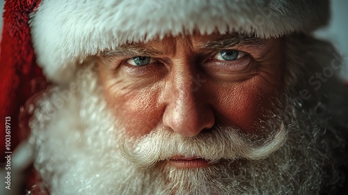 Manga-style Santa close-up, white backdrop, soft red hat and blush, angelic glow, beautiful and minimal composition.