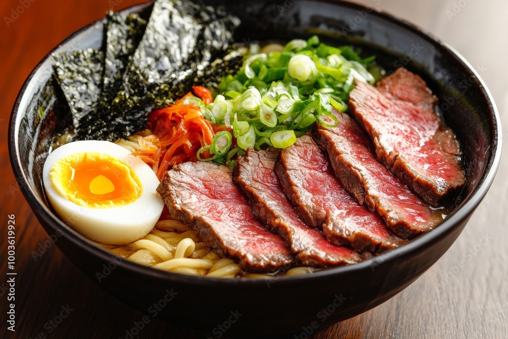 A gourmet Wagyu beef ramen bowl, filled with rich broth, tender beef slices, soft-boiled egg, seaweed, and vegetables, garnished with fresh scallions, all presented in a traditional ceramic bowl