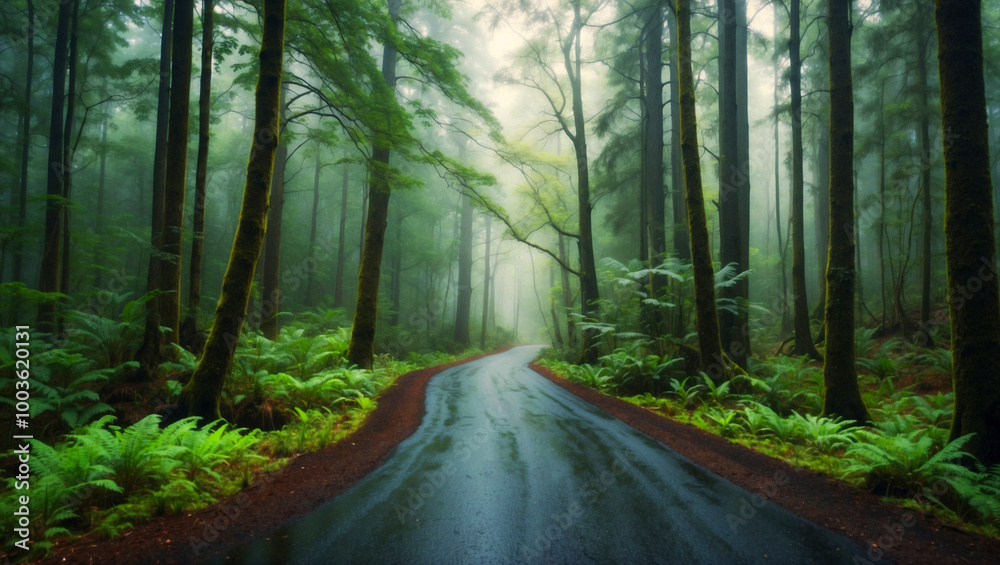 Obraz premium Lush green ferns and towering trees line a foggy winding road through the heart of a mystical forest