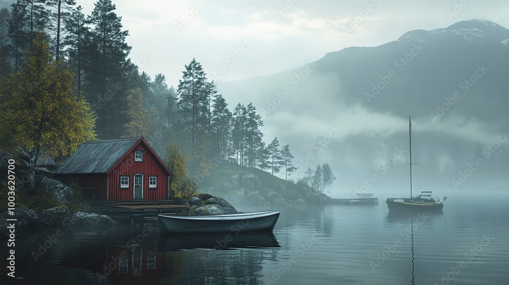 Fototapeta premium A serene coastal scene featuring a red cabin, boats, and a misty atmosphere. 