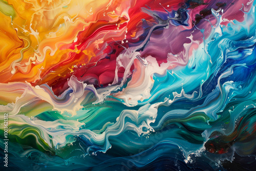 Waves of colour flowing like a rainbow river, cascading and swirling with joy and exuberance, abstract painting art