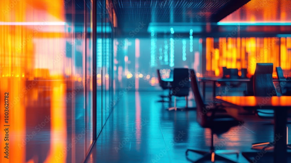 Fototapeta premium A modern office space illuminated with vibrant colors and reflections.