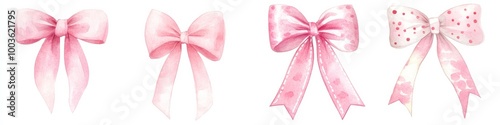 Watercolor pink ribbon bow element set available in PNG cut-out style.