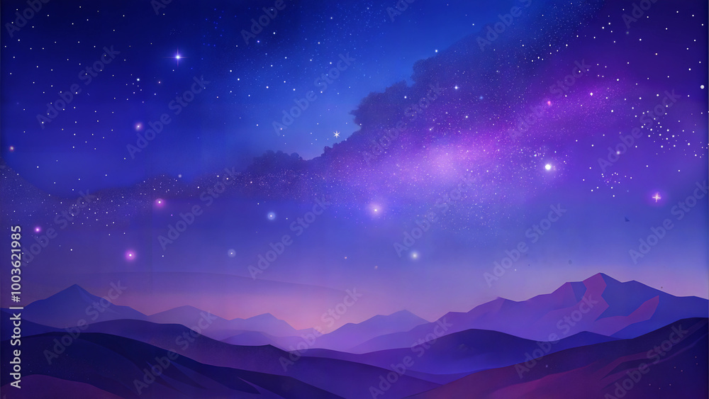 Fototapeta premium Purple starry night sky over mountain landscape