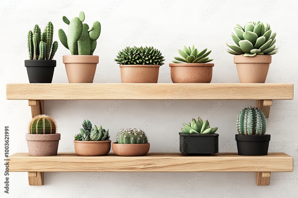 PNG mockup of a wooden plant shelf featuring small cacti.