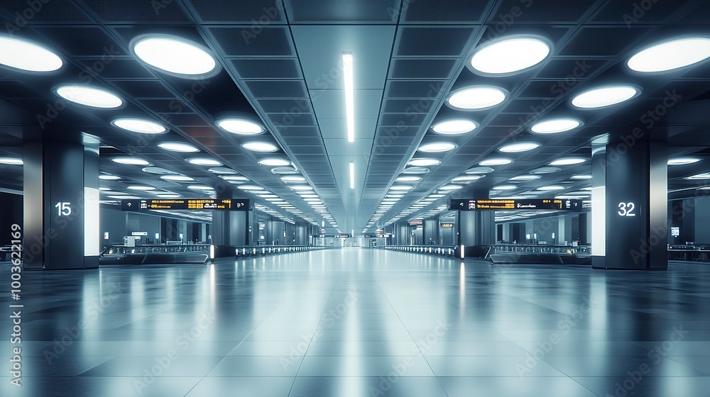 A broad image of an empty, modern airport terminal with sleek design, bright lighting, and a futuristic appearance A broad image of an empty, modern airport terminal with sleek design, bright lighting, and a futuristic appearance