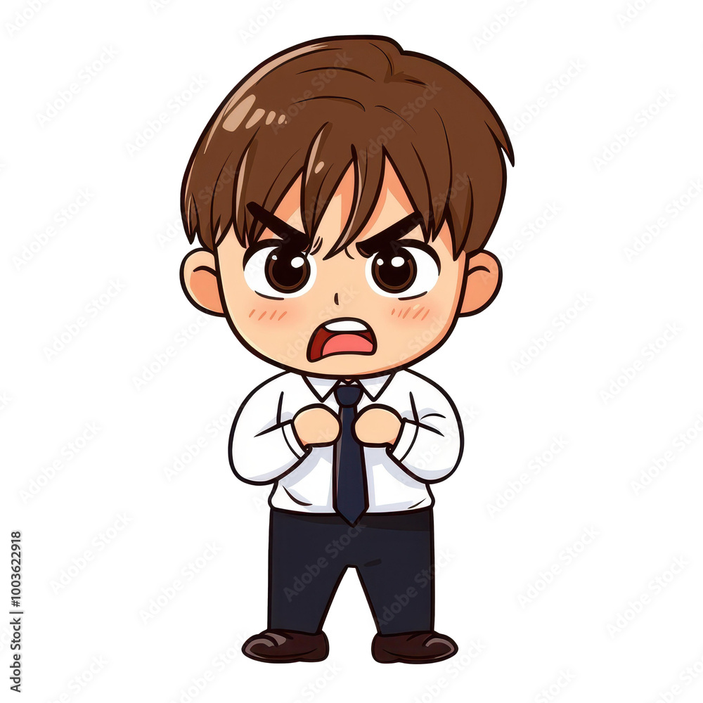 Adorable chibi boy sticker, dressed cutely, bows and apologizes against a clean white backdrop for a charming touch Adorable chibi boy sticker, dressed cutely, bows and apologizes against a clean white backdrop for a charming touch