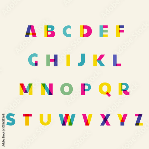 English alphabet. Geometric font. The effect of risograph printing