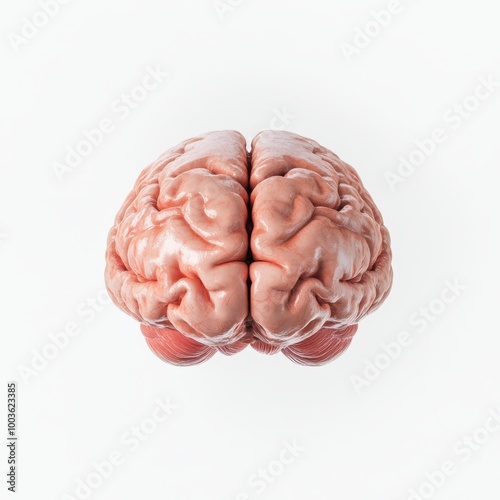 High-quality 3D illustration of a human brain with realistic texture and details, displayed on a clean white background. Ideal for use in medical presentations, neuroscience research, 