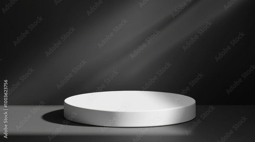 Sleek white round podium with sharp, dramatic lighting creating bold shadows, ideal for a high-impact product display Sleek white round podium with sharp, dramatic lighting creating bold shadows, ideal for a high-impact product display