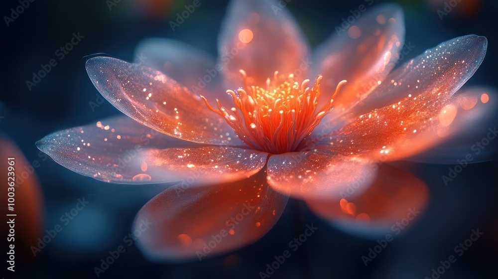 A single, glowing, water lily with dew drops on the petals. A single, glowing, water lily with dew drops on the petals.