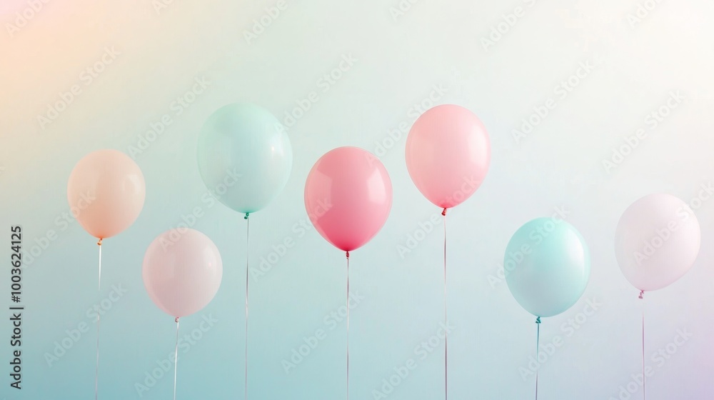 Soft and dreamy birthday scene with pastel balloons floating against a serene gradient, creating a sweet and elegant atmosphere Soft and dreamy birthday scene with pastel balloons floating against a serene gradient, creating a sweet and elegant atmosphere