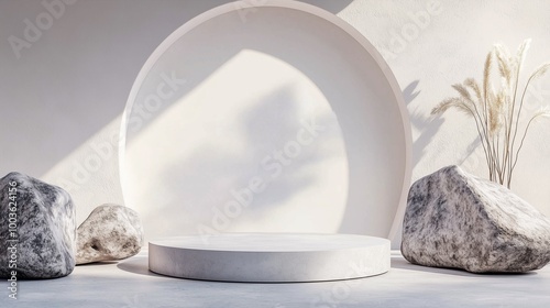 Minimalist round platform with large stones and pampas grass in a modern setting.