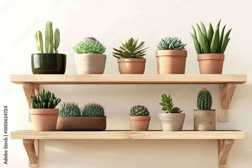 Fototapeta premium PNG mockup of a wooden plant shelf featuring small cacti.