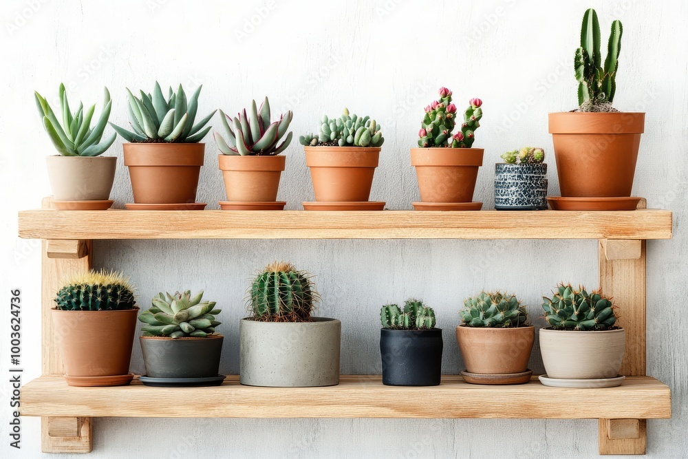 Wood plant shelf mockup showcasing petite cacti elements. Wood plant shelf mockup showcasing petite cacti elements.
