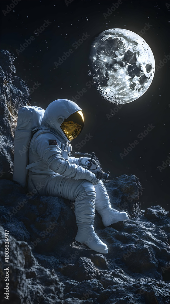 3D Illustration of an Astronaut Sitting on a Rocky Surface with a Large Moon in the Background 3D Illustration of an Astronaut Sitting on a Rocky Surface with a Large Moon in the Background