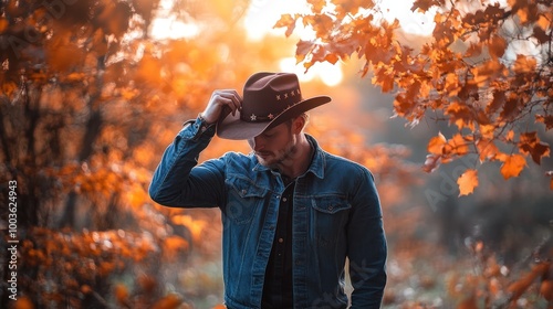 A man in a cowboy hat stands in a forest during autumn, surrounded by orange leaves.