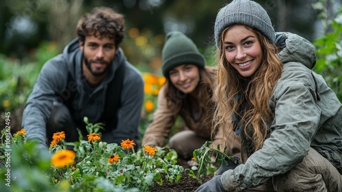 Three people gardening together, planting flowers in a vibrant garden.