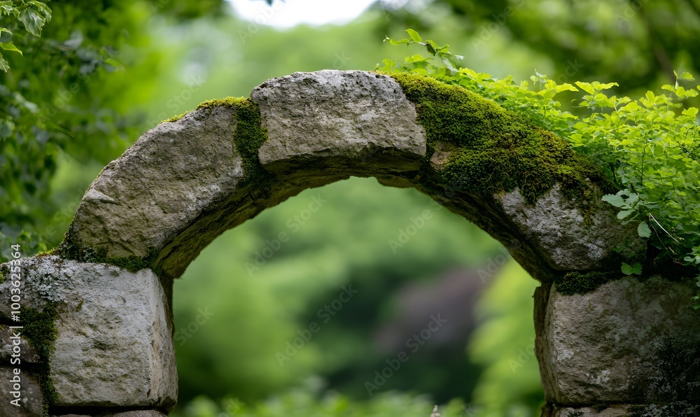 Fototapeta premium A stone arch with moss growing along the edges, Generative AI