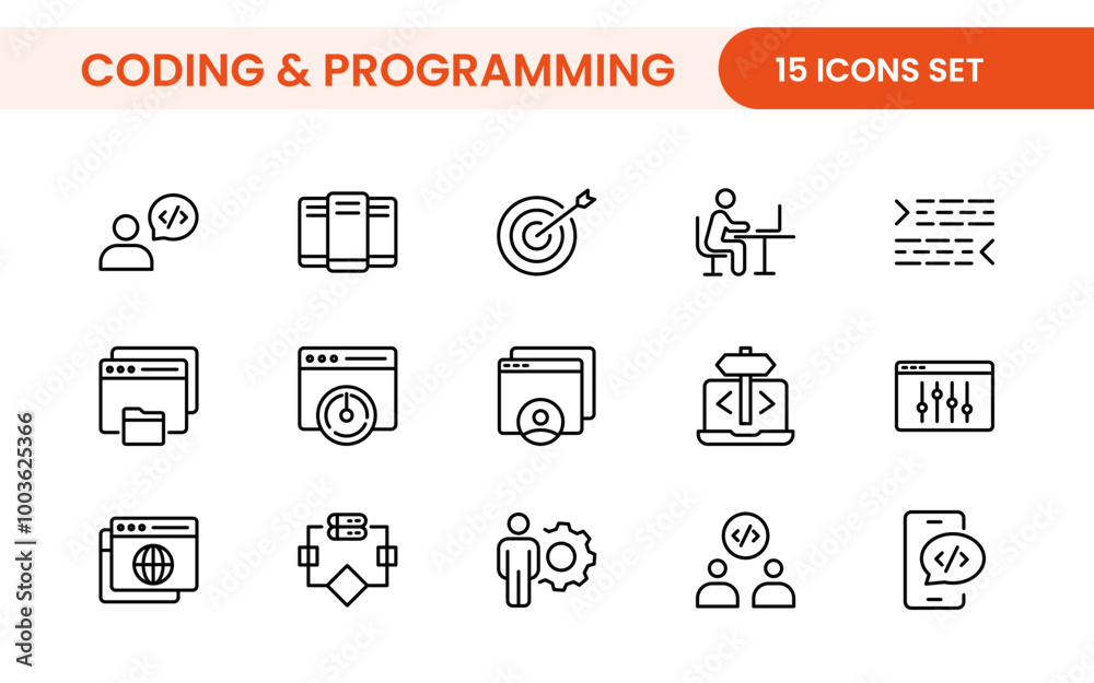 Programming coding set of web icons in line style. Software development icons for web and mobile app. Code, api, programmer, developer, information technology, coder and more. Programming coding set of web icons in line style. Software development icons for web and mobile app. Code, api, programmer, developer, information technology, coder and more.