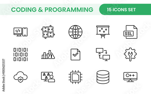 Programming coding set of web icons in line style. Software development icons for web and mobile app. Code, api, programmer, developer, information technology, coder and more.
