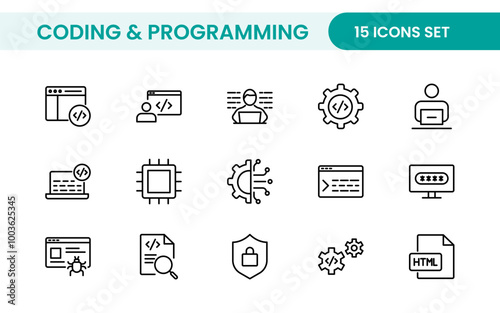 Programming coding set of web icons in line style. Software development icons for web and mobile app. Code, api, programmer, developer, information technology, coder and more.