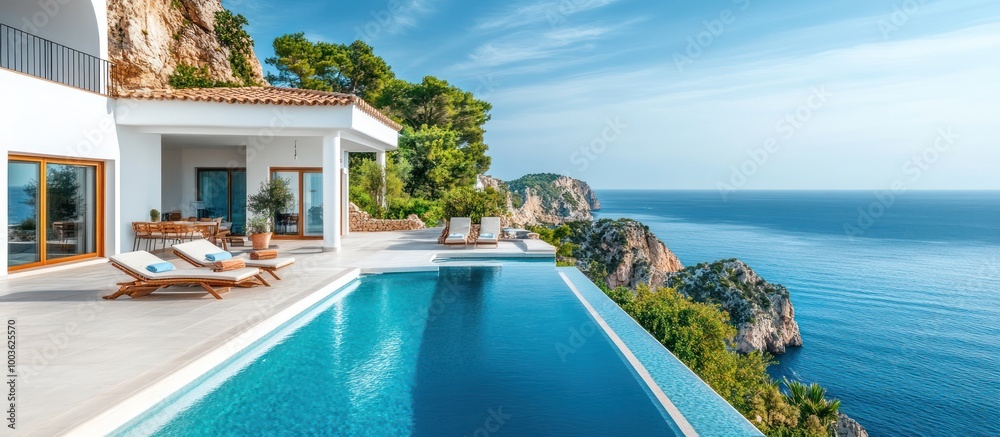 Fototapeta premium Modern villa with infinity pool overlooking the ocean.