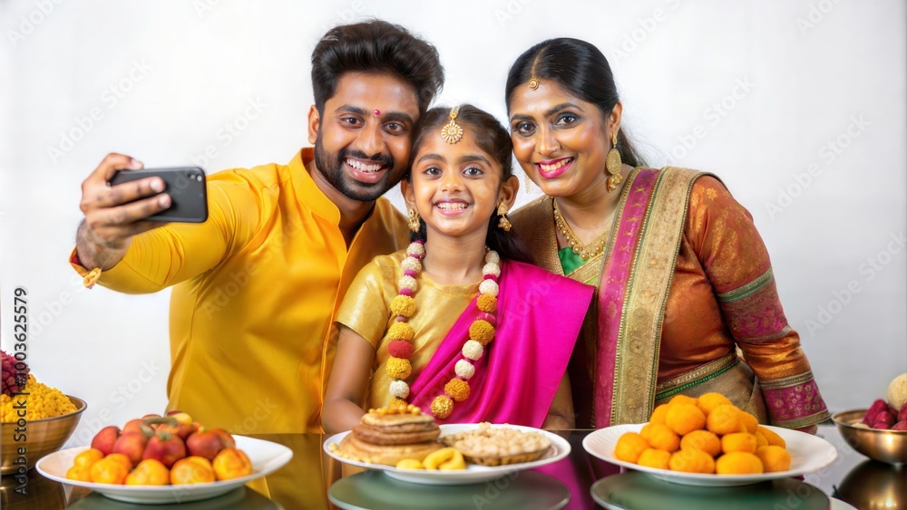 Fototapeta premium Indian Family Celebrating Ganesh Festival or Diwali: Enjoying Sweets, Taking Selfies, and Engaging in Festive Activities