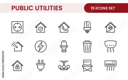 Public utilities linear signed icon collection. Signed thin line icons collection. Set of public utilities simple outline icons.