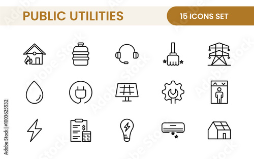 Public utilities linear signed icon collection. Signed thin line icons collection. Set of public utilities simple outline icons.