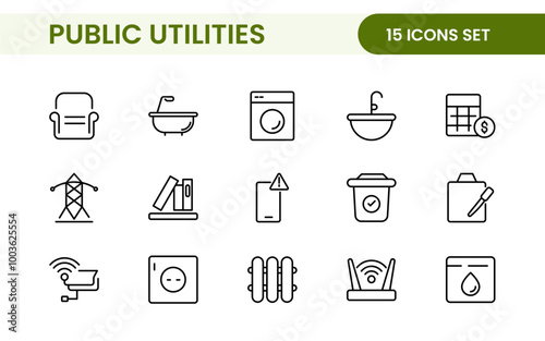 Public utilities linear signed icon collection. Signed thin line icons collection. Set of public utilities simple outline icons.