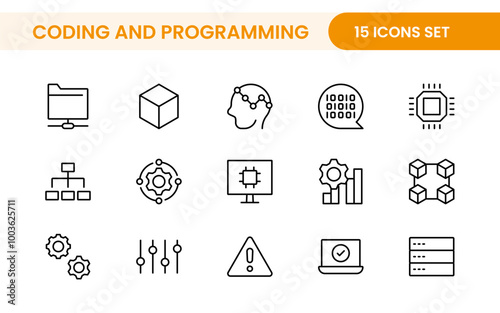 Programming coding set of web icons in line style. Software development icons for web and mobile app. Code, api, programmer, developer, information technology, coder and more.