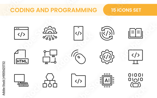 Programming coding set of web icons in line style. Software development icons for web and mobile app. Code, api, programmer, developer, information technology, coder and more.