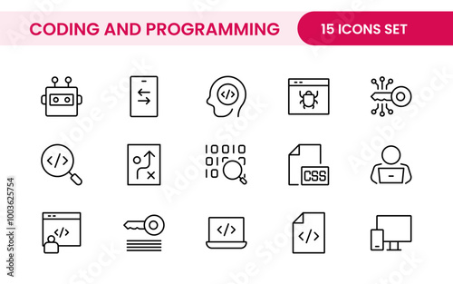 Programming coding set of web icons in line style. Software development icons for web and mobile app. Code, api, programmer, developer, information technology, coder and more.