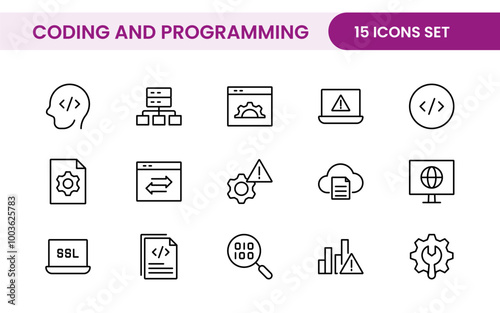 Programming coding set of web icons in line style. Software development icons for web and mobile app. Code, api, programmer, developer, information technology, coder and more.