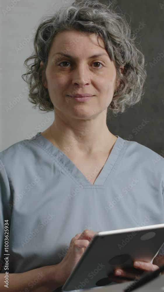 Medium shot of mature Caucasian female hospital receptionist texting on digital tablet then looking at camera Medium shot of mature Caucasian female hospital receptionist texting on digital tablet then looking at camera