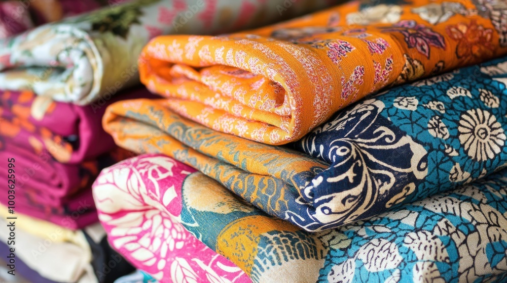 Brightly colored Indian textile with hand-printed motifs, folded neatly, leaving room for copy. Brightly colored Indian textile with hand-printed motifs, folded neatly, leaving room for copy.