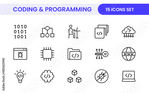 Programming coding set of web icons in line style. Software development icons for web and mobile app. Code, api, programmer, developer, information technology, coder and more.