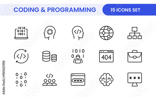 Programming coding set of web icons in line style. Software development icons for web and mobile app. Code, api, programmer, developer, information technology, coder and more.