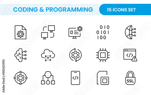 Programming coding set of web icons in line style. Software development icons for web and mobile app. Code, api, programmer, developer, information technology, coder and more.